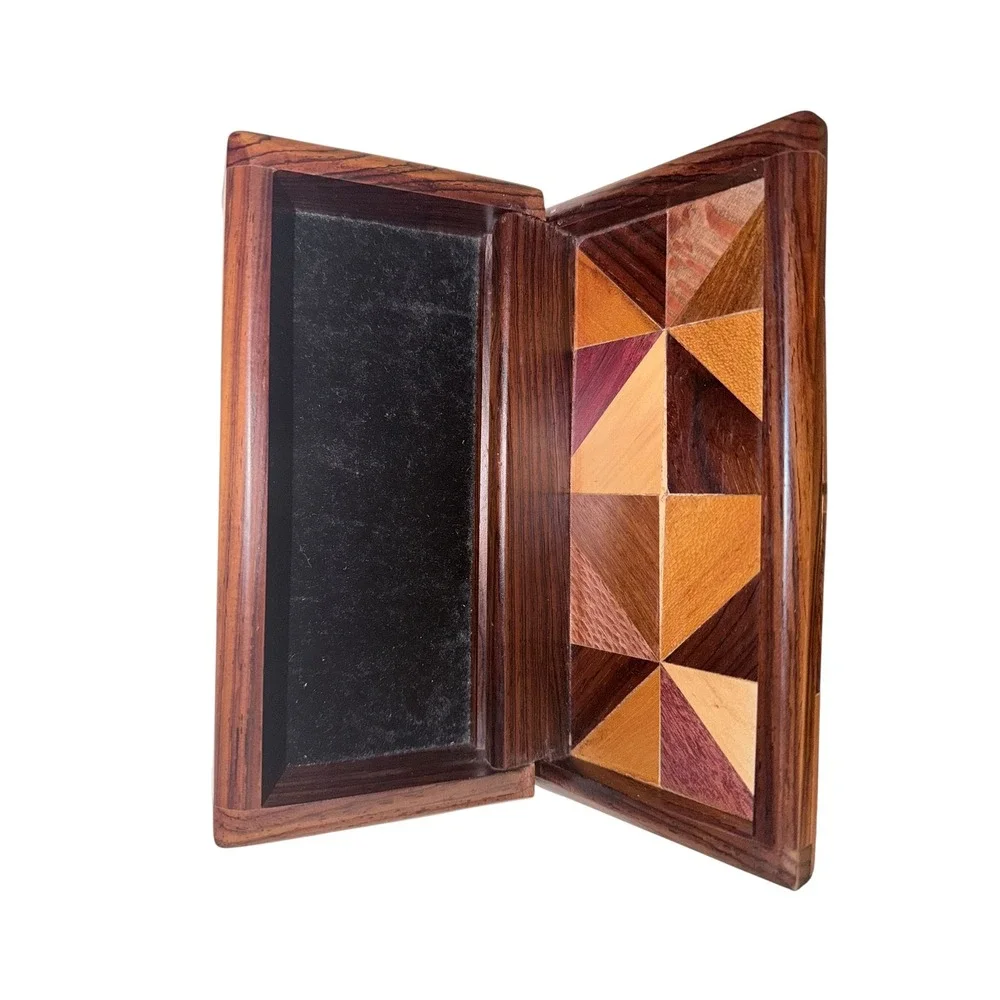 Boho Marquetry Wood Inlay Trinket Box Brown Geometric Parquetry Lined